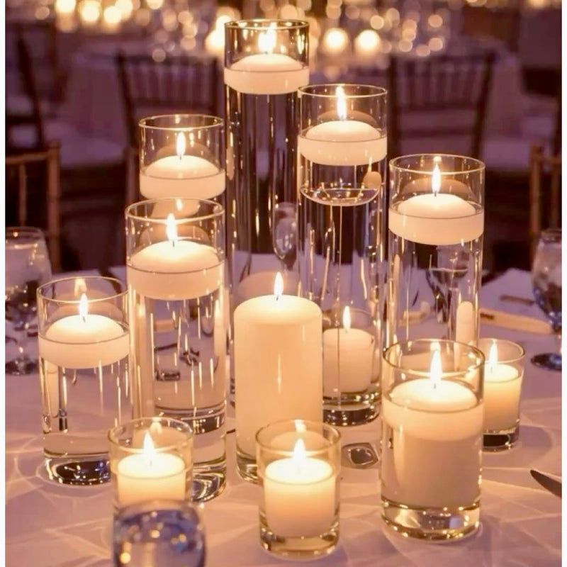 Pink Clover elegant floating and pillar candles, votives, warm glow centerpiece, Los Angeles.