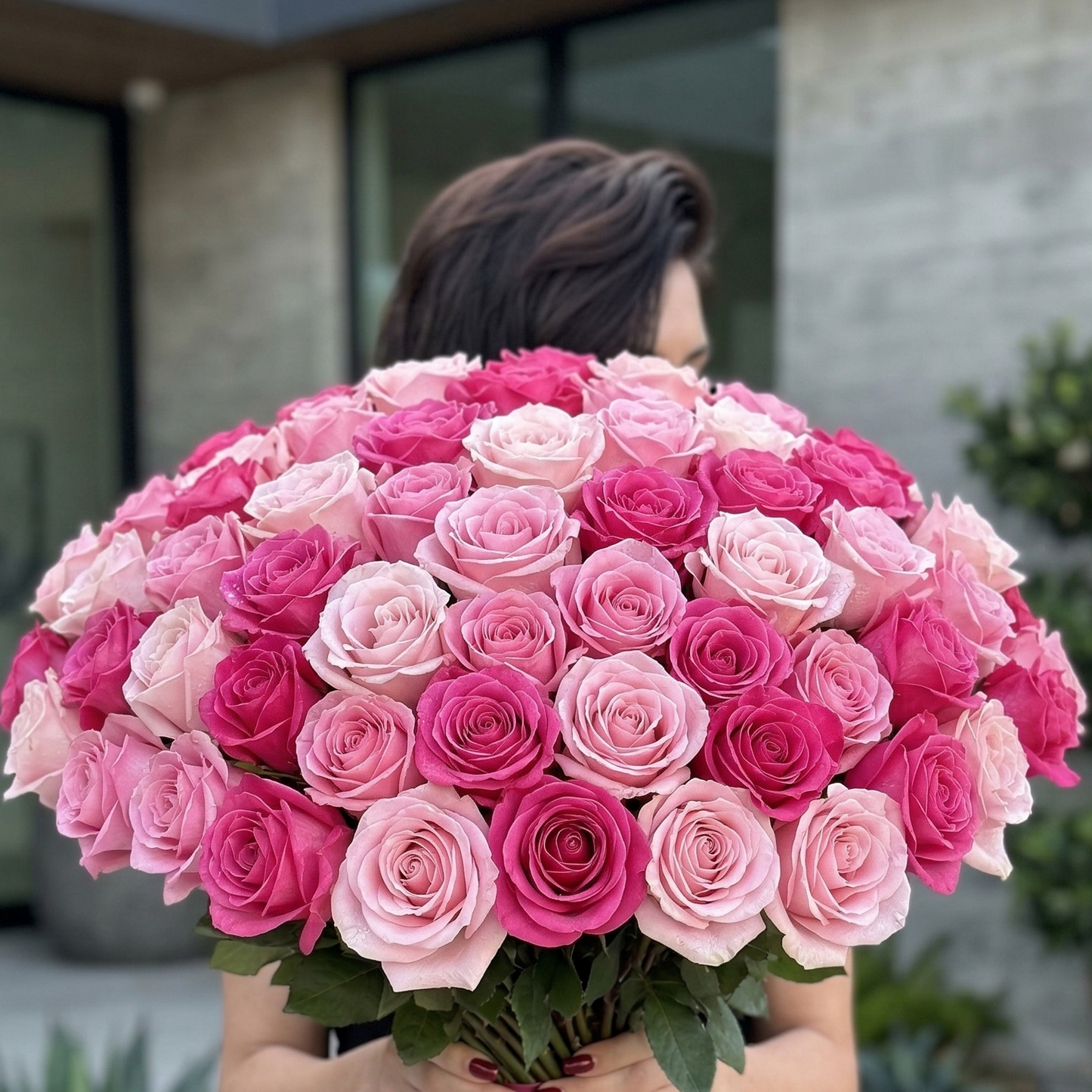 50 Roses Delivery arrangement styled in setting - luxury rose Los Angeles florist