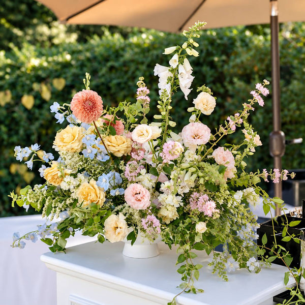 Pastel garden centerpiece on event bar, Los Angeles