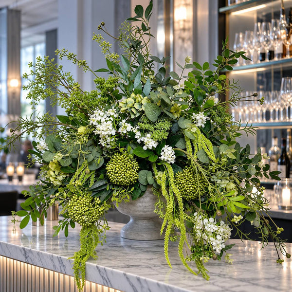 Green foliage centerpiece in stone urn on marble bar, corporate event Los Angeles