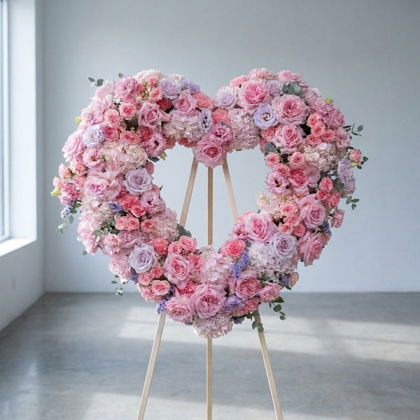 Blush Memory Heart - pink and lavender heart floral tribute delivery in Los Angeles by Pink Clover