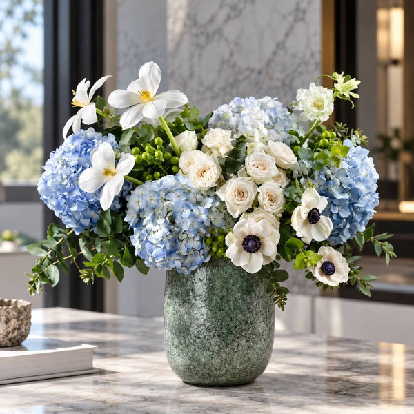 Hanukkah arrangement of blue hydrangea and white anemones, Los Angeles - Pink Clover