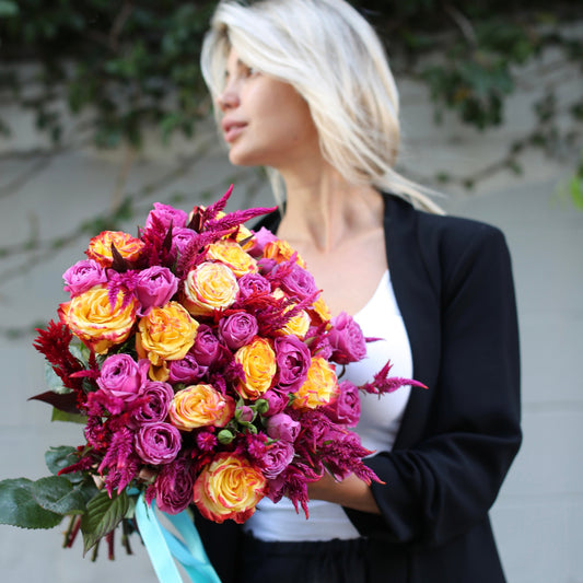 Elegant mix of lavender and golden yellow roses in a hand-tied arrangement, ideal for premium gifting and seasonal celebrations