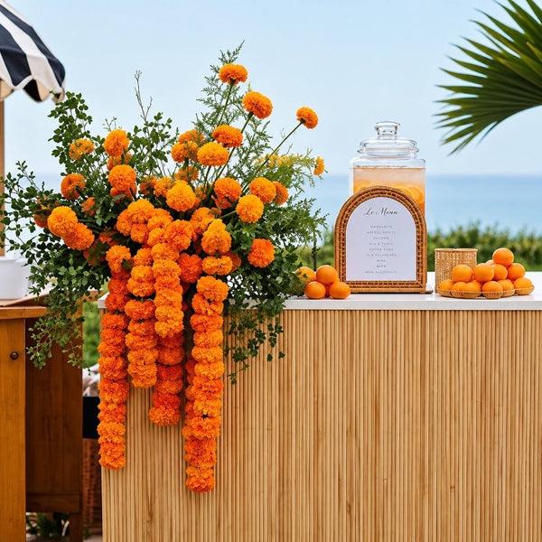 Marigold bar installation with cempasuchil garlands, Los Angeles - Pink Clover
