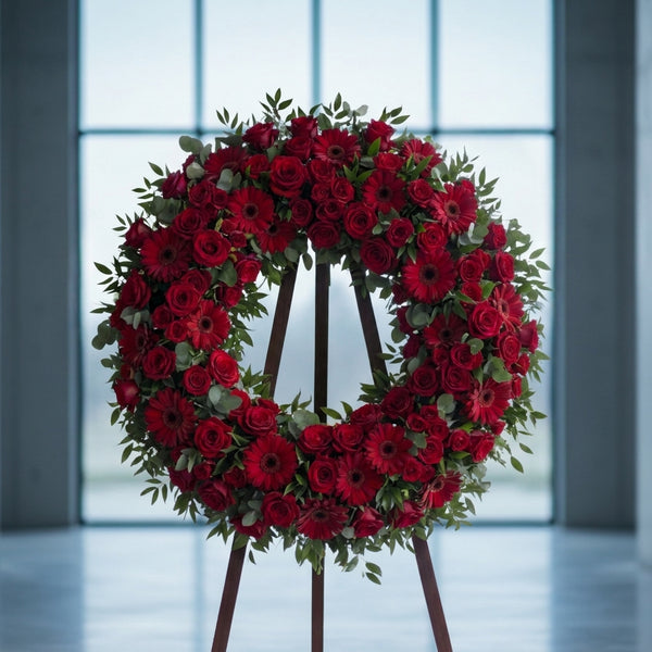 Round red rose sympathy wreath on easel, Los Angeles funeral flower delivery