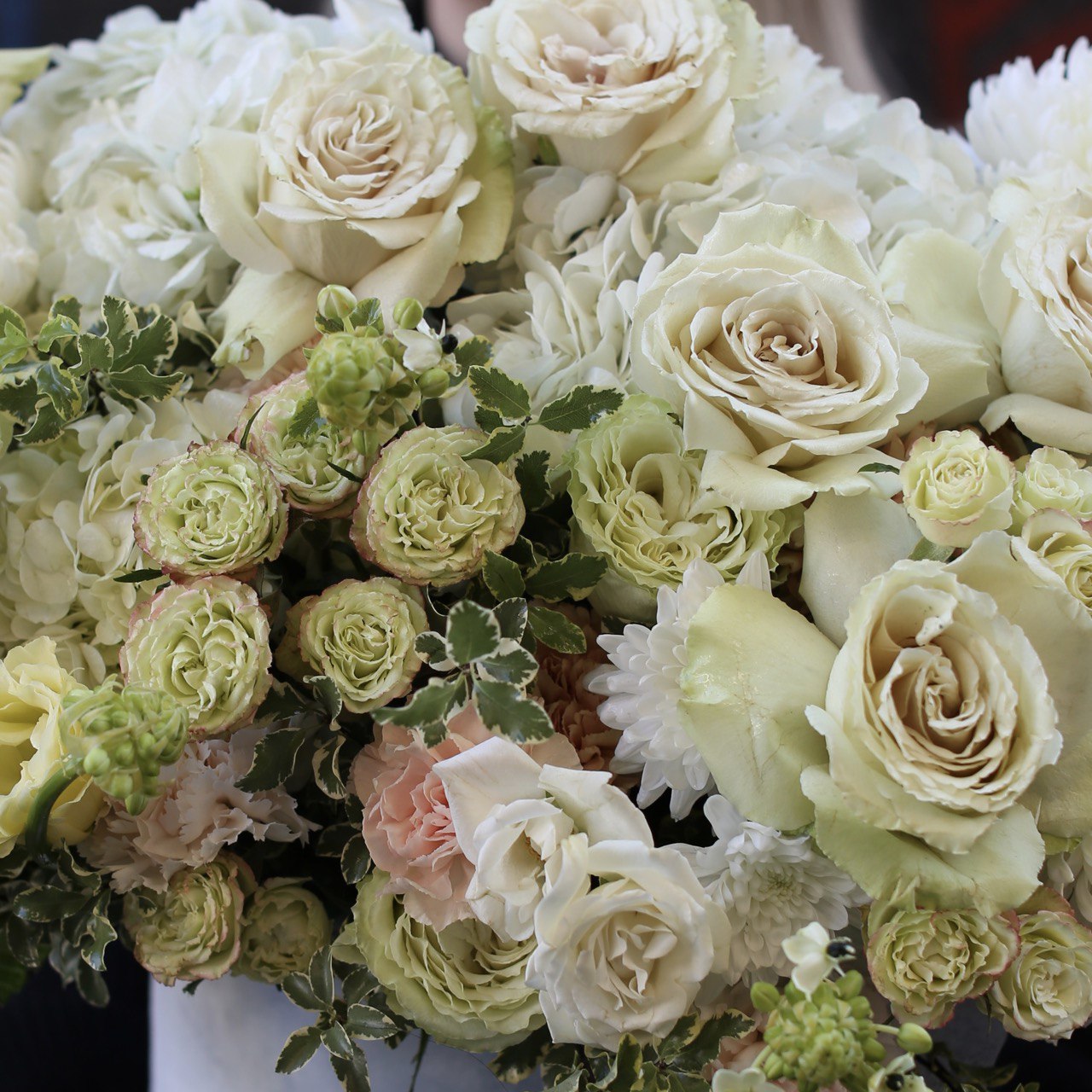 Ficta close-up detail - white and green flower box from Pink Clover LA