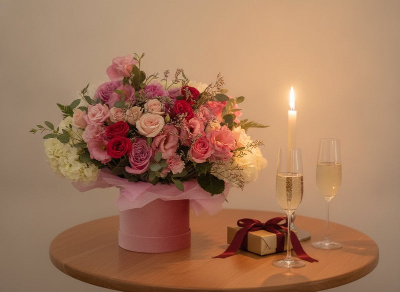 Alexandra arrangement of garden roses, carnations and hydrangea for a first anniversary by Pink Clover Florist