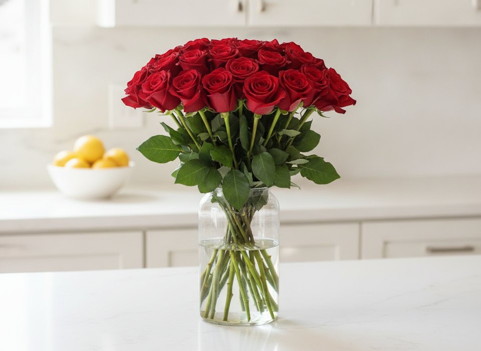 Red Roses bouquet in a glass vase, a cat-safe flower choice, by Pink Clover Florist