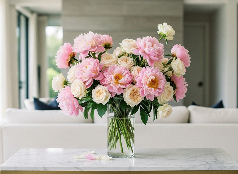 Luxury blush peony and cream rose arrangement in a Los Angeles living room
