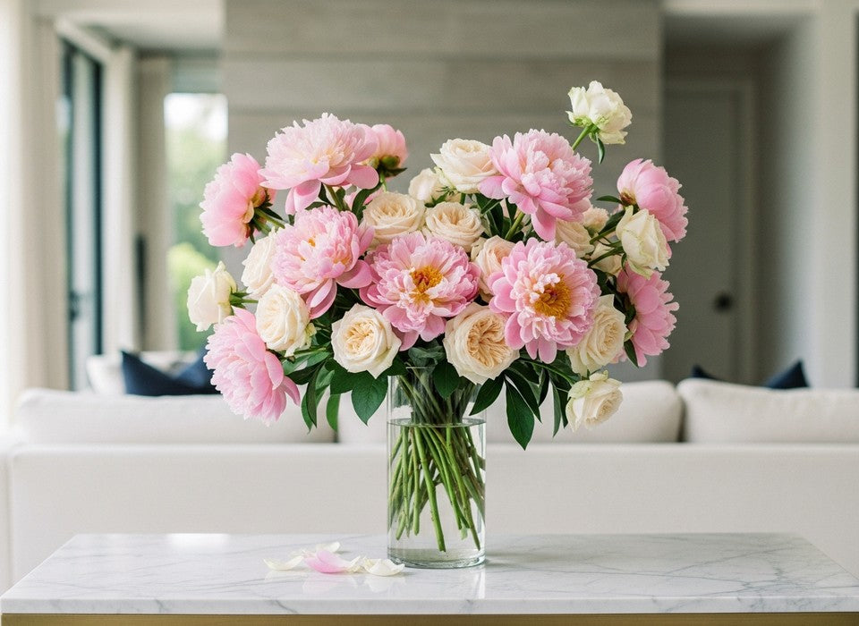 Luxury blush peony and cream rose arrangement in a Los Angeles living room
