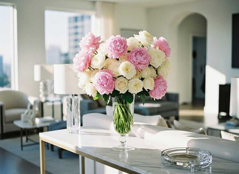 Luxury blush peony and garden rose arrangement in a modern Los Angeles home