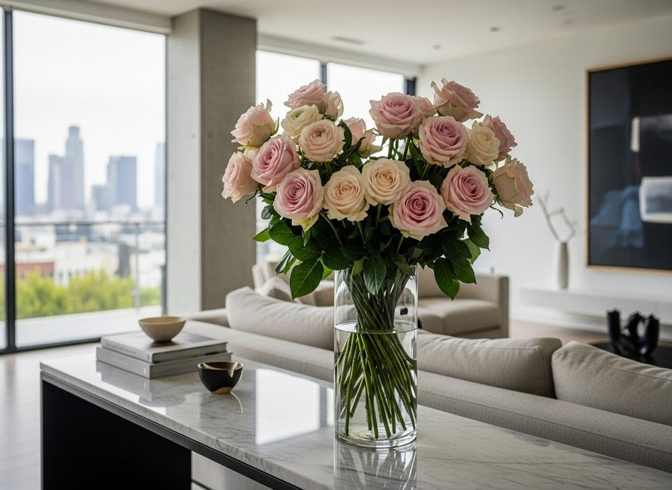 Large lavish blush and cream rose arrangement in a modern Los Angeles living room