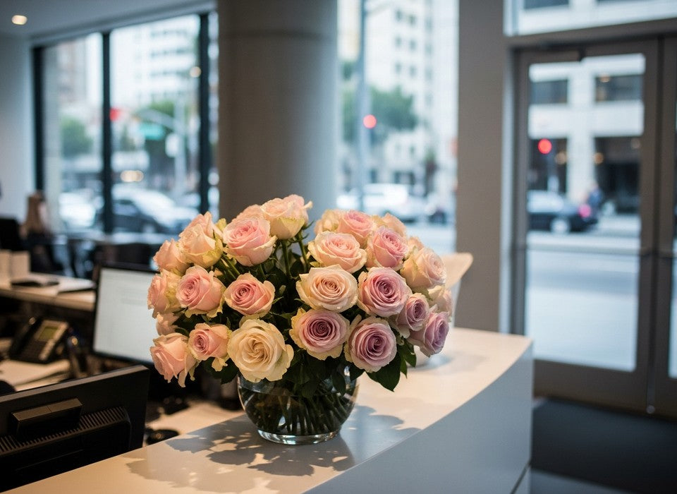 Luxury corporate flower arrangement on a modern Los Angeles office reception desk