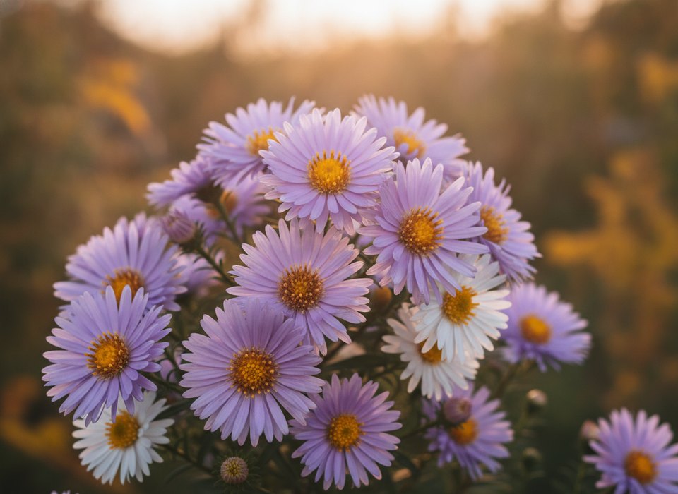 Purple and lavender asters with golden centers blooming in a late-summer garden