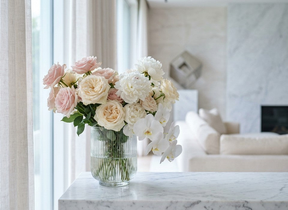 luxury rose, peony and orchid arrangement on marble in Beverly Hills