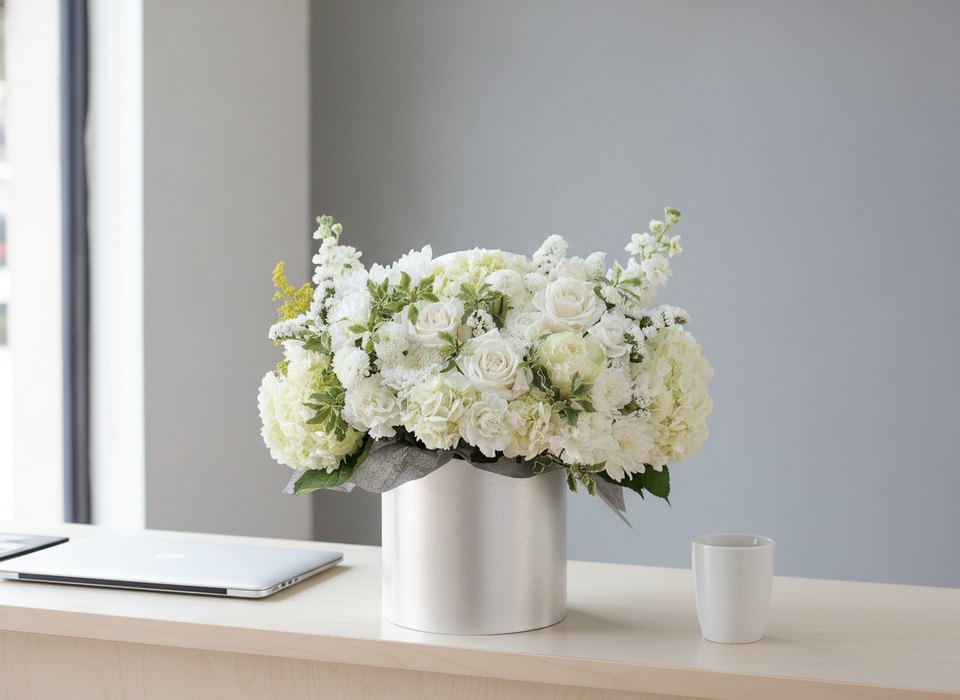 Catherine white hydrangea and rose box arrangement for Boss's Day by Pink Clover Florist