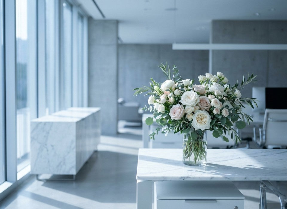 white and blush office reception arrangement on marble in Los Angeles