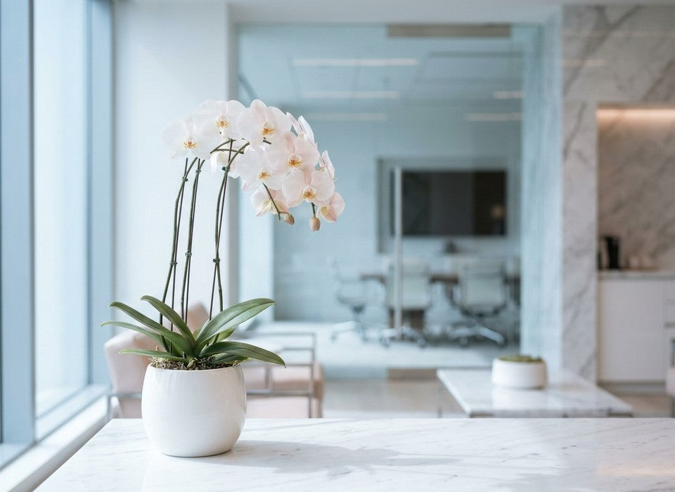 white phalaenopsis orchid corporate gift on a marble desk in a Los Angeles office