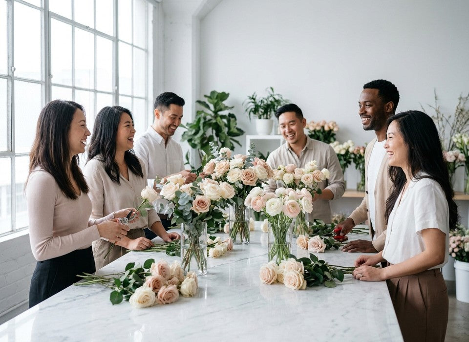 coworkers relaxed and smiling during a creative floral workshop in Los Angeles