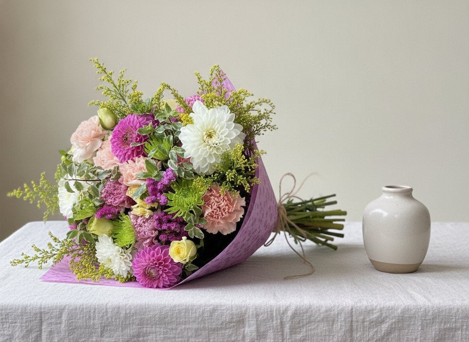 Annet bouquet of magenta and white dahlias with carnations and roses by Pink Clover Florist