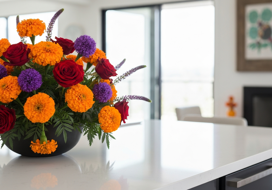 Día de los Muertos marigold arrangement in Los Angeles
