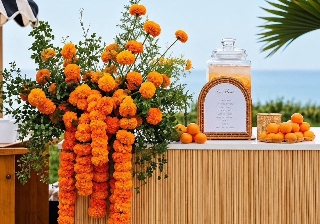 Marigold bar installation for Dia de los Muertos in Los Angeles by Pink Clover