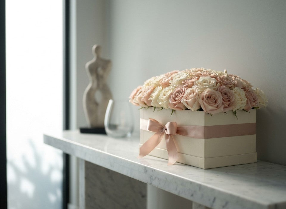 unbranded luxury flower box of blush roses on marble in Los Angeles