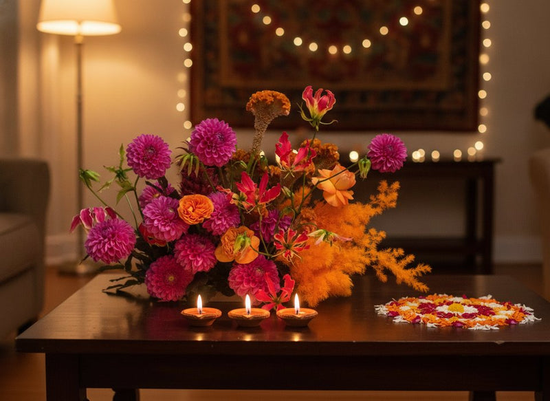 Diwali Magenta & Orange Arrangement of dahlias, gloriosa lilies and celosia with diya lamps by Pink Clover Florist