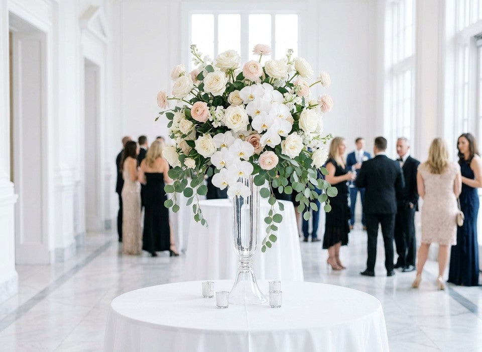 tall white rose and orchid centerpiece at a luxury corporate gala in Los Angeles