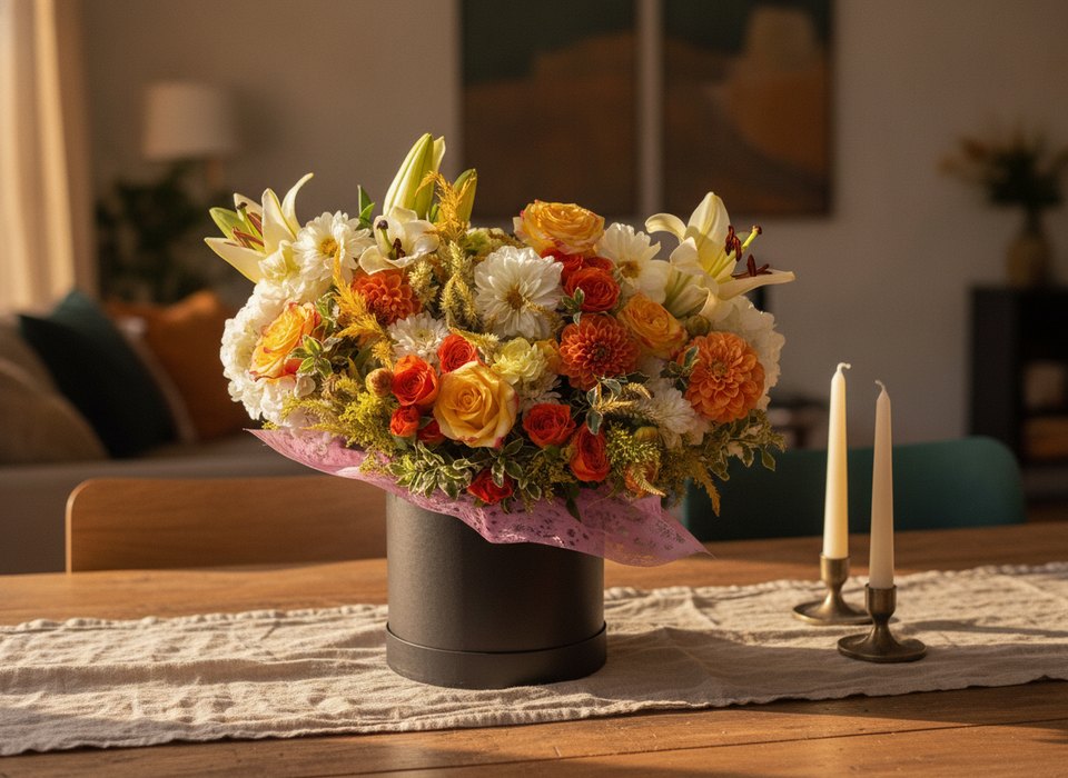Amelita arrangement of orange dahlias, lilies and roses on an autumn dining table