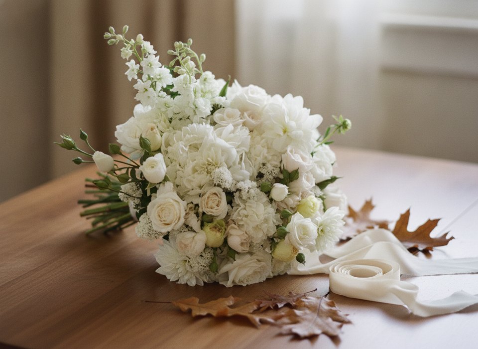 Adele white bridal bouquet of dahlias, garden roses and stock for a fall wedding by Pink Clover Florist