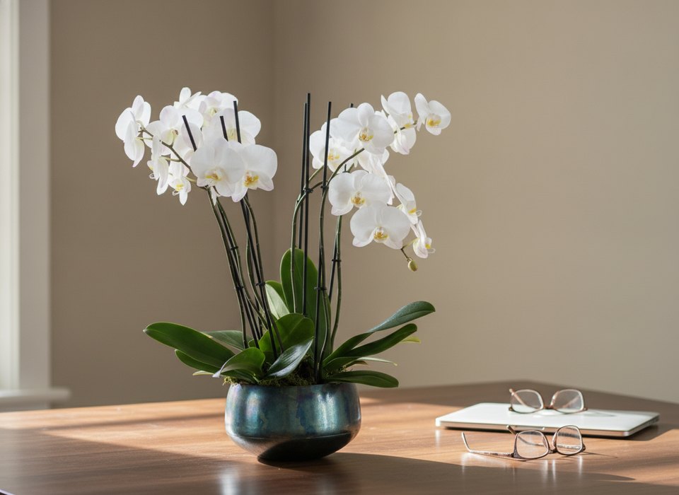Orchid Plants white phalaenopsis planter from Pink Clover Florist on a Los Angeles home office desk
