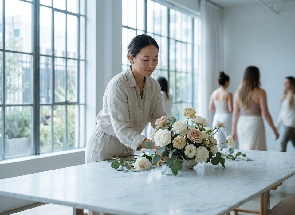 person mindfully arranging white and blush roses during a floral therapy session in Los Angeles