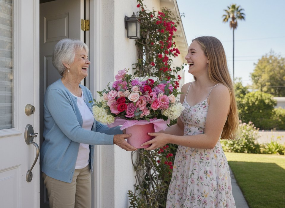 Grandmother receiving the Alexandra flower box from her granddaughter at the door of a Los Angeles home on Grandparents Day