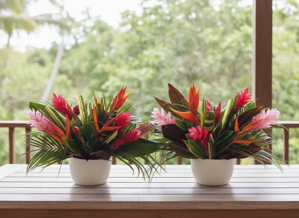 Exotic tropical arrangement of birds of paradise, red ginger and ti leaves by Pink Clover Florist