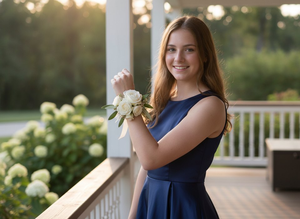 Teen girl in a homecoming dress wearing the White Rose Wrist Corsage from Pink Clover
