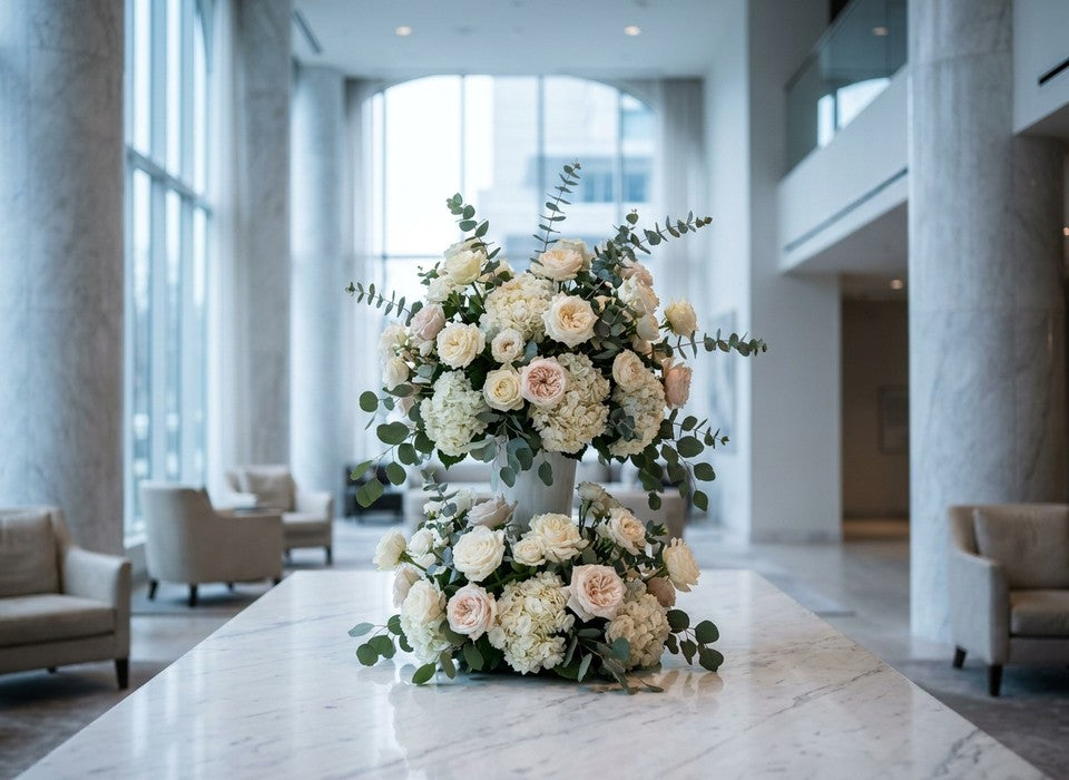 grand white rose and hydrangea arrangement in a luxury hotel lobby on marble in Los Angeles