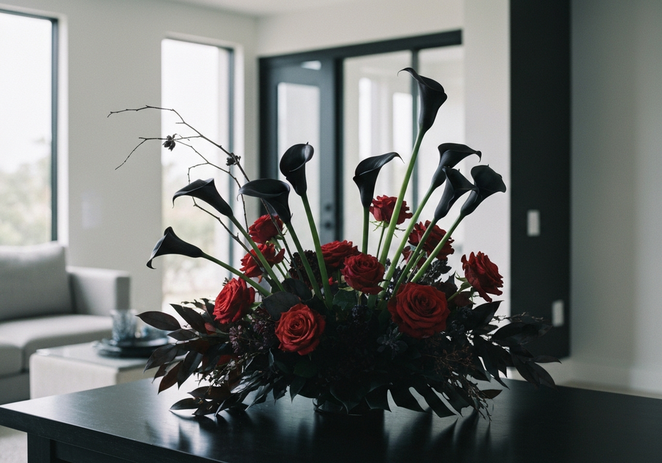 Dark-glam Halloween floral centerpiece with black calla lilies in Los Angeles