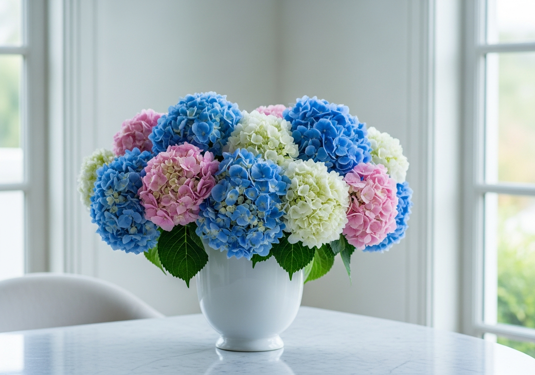 Blue and pink hydrangea arrangement in Los Angeles