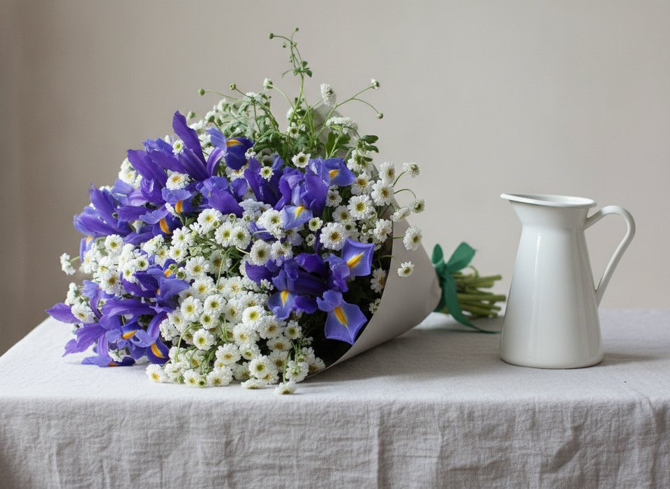 Iris Dream bouquet of blue-violet irises and white chamomile by Pink Clover Florist