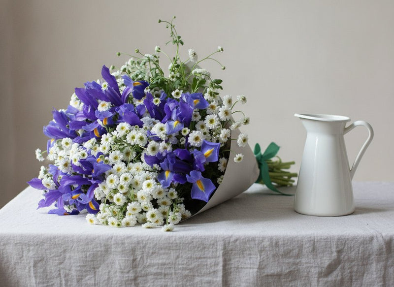 Iris Dream bouquet of blue-violet irises and white chamomile by Pink Clover Florist