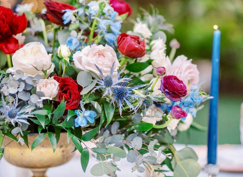 Festive red, white and blue Liberty compote centerpiece — 4th of July flowers Los Angeles