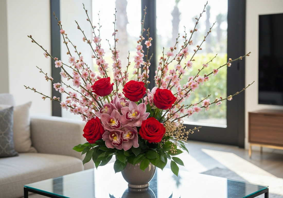 Lunar New Year flower arrangement with plum blossom and red roses in Los Angeles