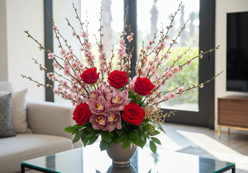 Lunar New Year flower arrangement with plum blossom and red roses in Los Angeles