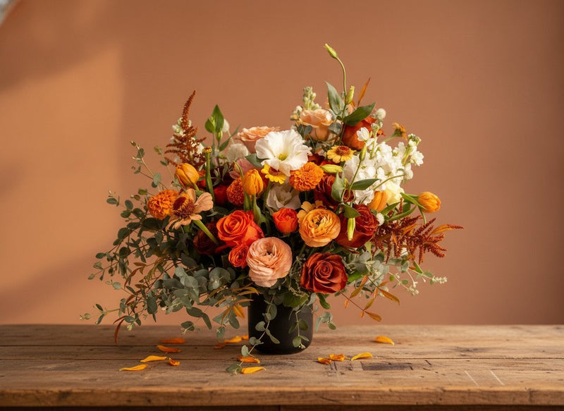 Marigold & Maple vase of orange marigolds, roses and tulips by Pink Clover Florist