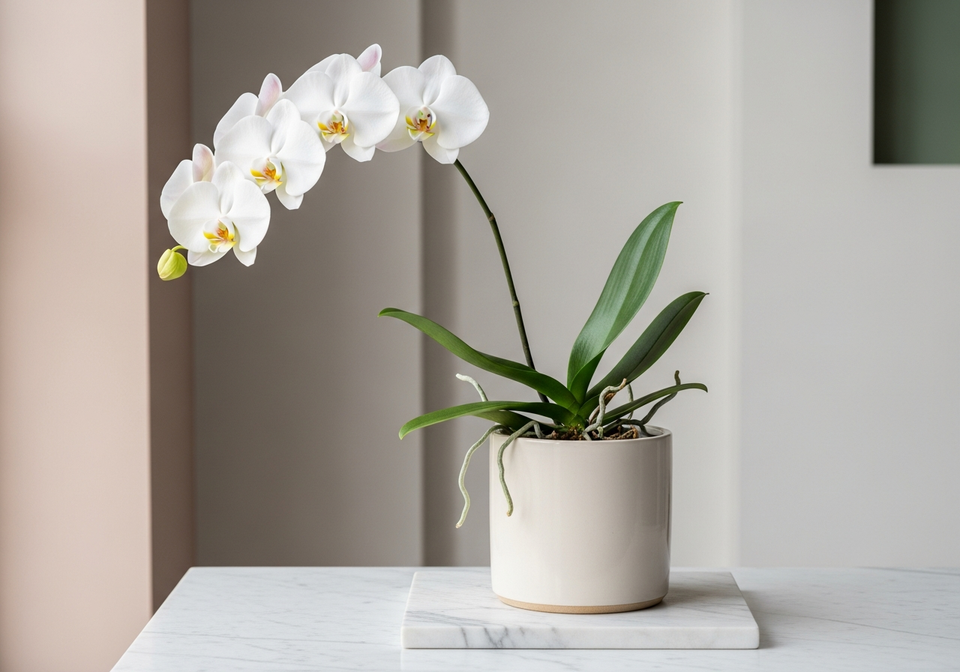 Elegant white orchid in ceramic pot with soft natural light