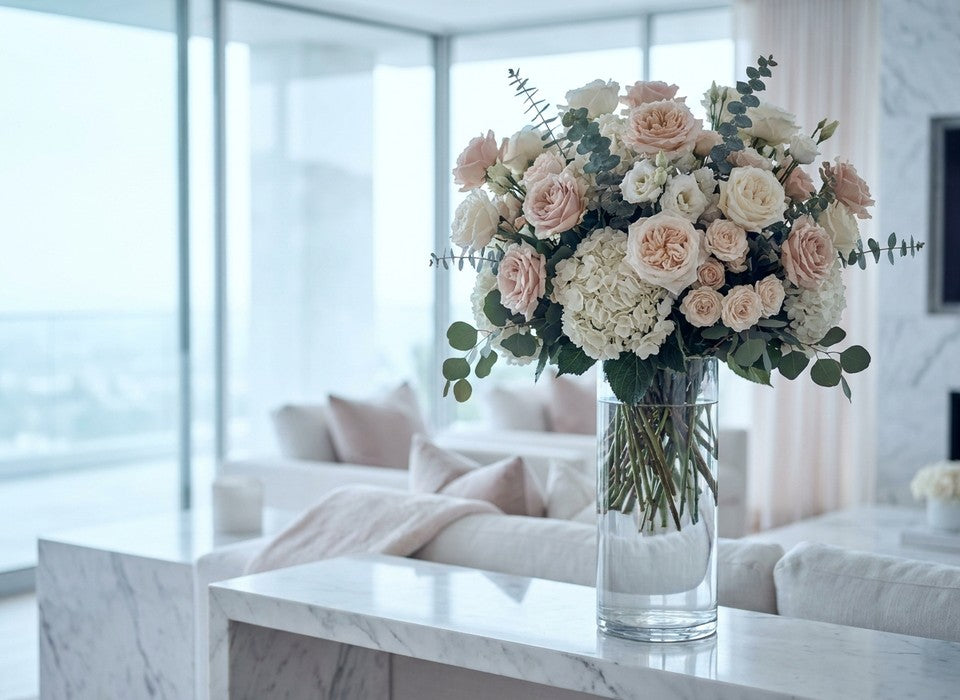 oversized blush rose and hydrangea arrangement on marble in a Los Angeles home