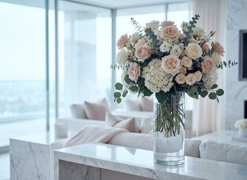 oversized blush rose and hydrangea arrangement on marble in a Los Angeles home