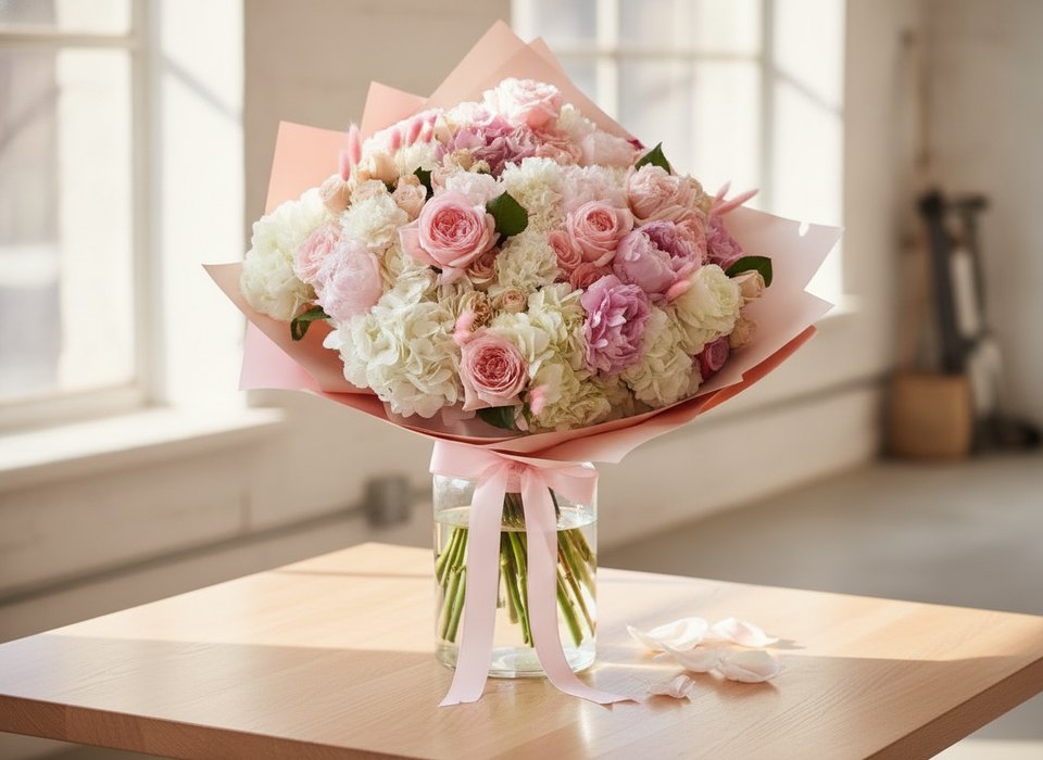 Milana bouquet of pink peonies, garden roses and white hydrangea by Pink Clover Florist