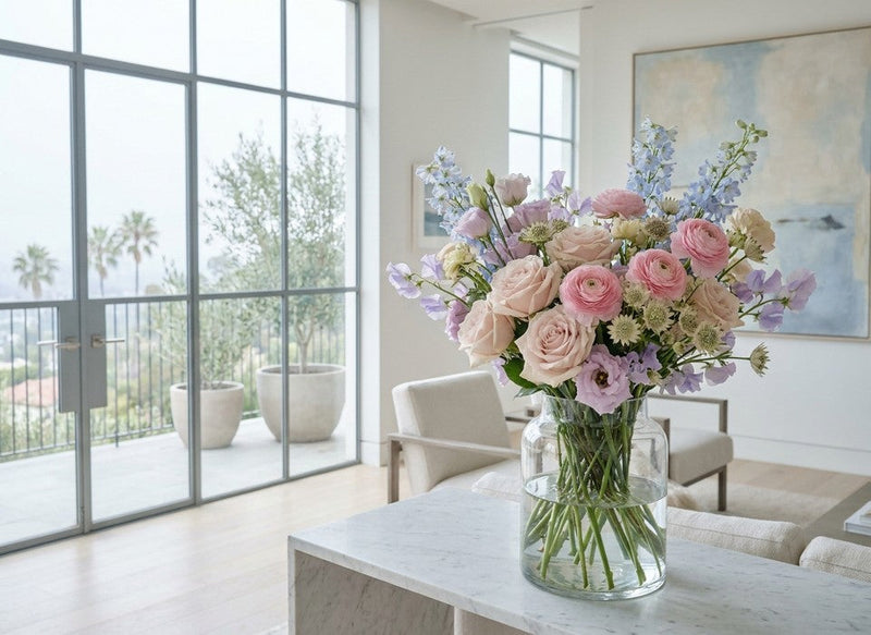 festive pastel birthday bouquet on marble in Los Angeles